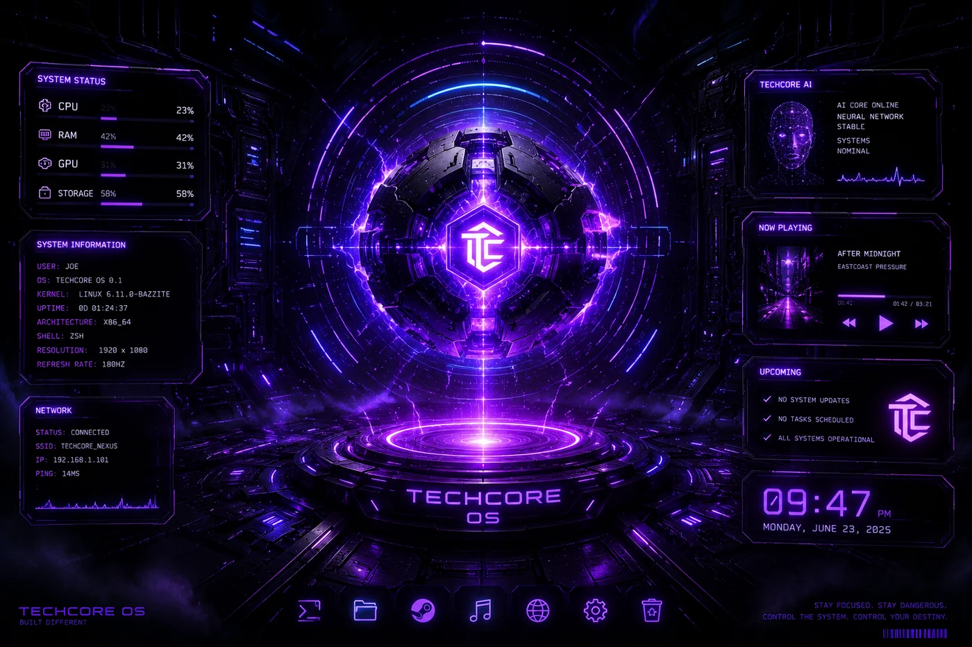 TechCore Command Nexus futuristic violet technology wallpaper