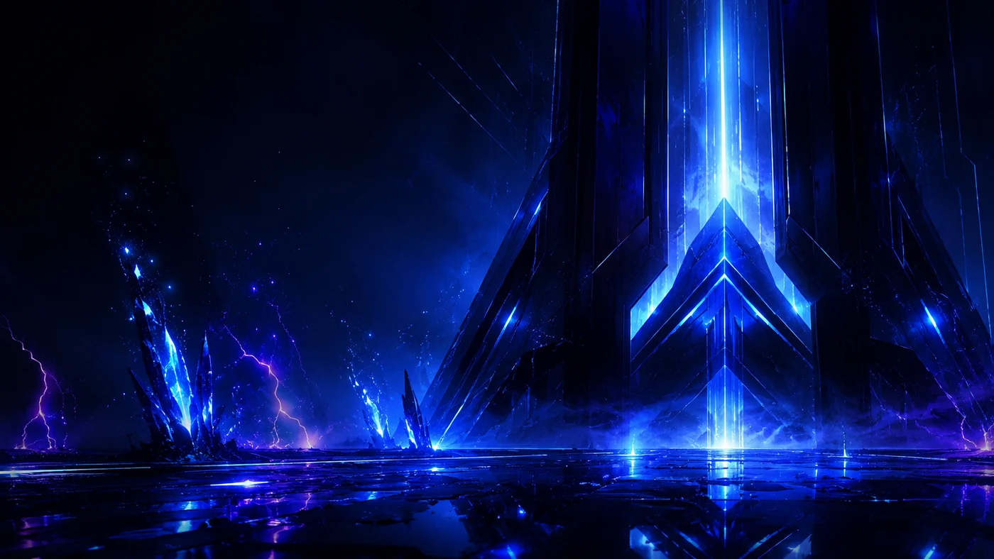 Blue futuristic TechCore structure under an electric sky