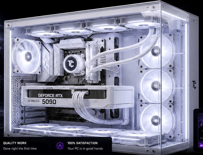 Premium all-white liquid-cooled gaming PC featuring an RTX 5090 graphics card